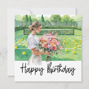Carte Anniversaire de tennis avec une femme tenant une f
