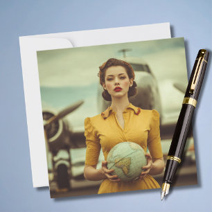 Carte Anniversaire de voyage Vintage Rétro Femme Avion C