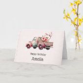 Carte Anniversaire du camion Vintage rose (Fleur jaune)