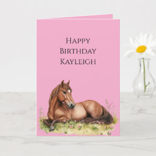 Carte Anniversaire du Cheval Brown rose