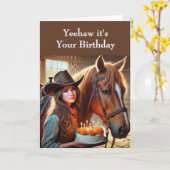 Carte Anniversaire du Cheval de fille adolescente de l'O (Fleur jaune)