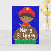 Carte Anniversaire du garçon - Petit pompier avec Cupcak (Fleur jaune)