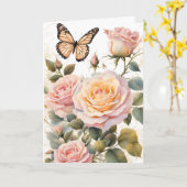 Carte Anniversaire du papillon et des roses roses roses  (Fleur jaune)