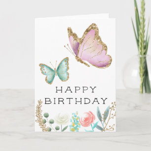 Carte Anniversaire du papillon rose et menthe
