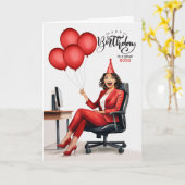Carte Anniversaire du patron femme d'affaires rouge dans (Fleur jaune)