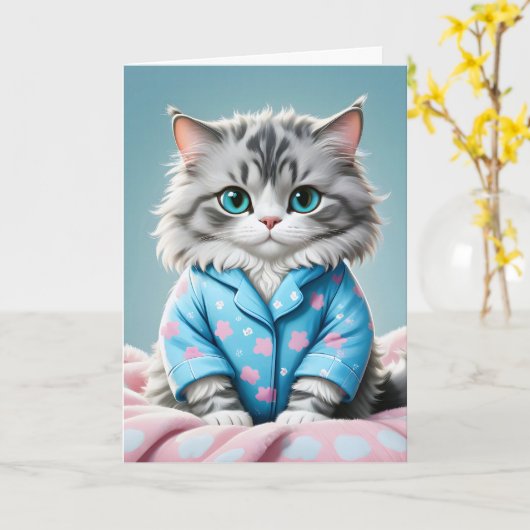 Carte Anniversaire du pyjama de chat (Fleur jaune)