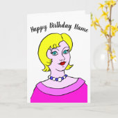 Carte Anniversaire d'une femme caricature rose (Fleur jaune)