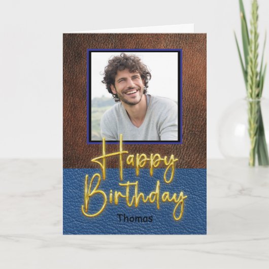Carte Anniversaire écriture dorée cuir Brun et Bleu Rust (Devant)