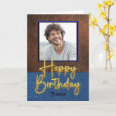 Carte Anniversaire écriture dorée cuir Brun et Bleu Rust (Fleur jaune)