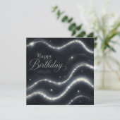 Carte Anniversaire Élégant Noir Argent Diamant Vagues (Debout devant)