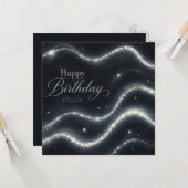 Carte Anniversaire Élégant Noir Argent Diamant Vagues (Devant/Arrière en situation)