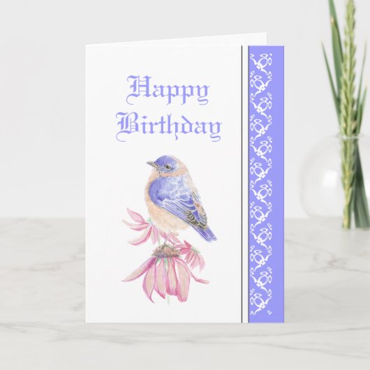 Carte Anniversaire élégant, Oiseau Bleu, Fleurs de Jardi (Devant)