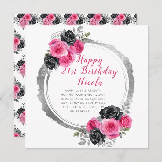 Carte Anniversaire élégant rose et argent chaud (Devant / Derrière)