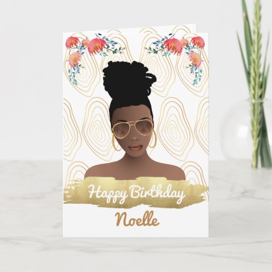 Carte Anniversaire, Femme Noire, Fleurs Whimsical Or (Devant)