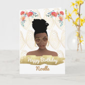 Carte Anniversaire, Femme Noire, Fleurs Whimsical Or (Fleur jaune)