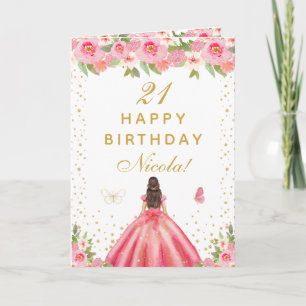 Carte Anniversaire Fille aux Cheveux Bruns Fleur Rose