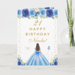 Carte Anniversaire Fille aux Cheveux Bruns Floral Bleu