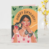 Carte Anniversaire fille avec lunettes de soleil casquet (Fleur jaune)