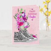 Carte Anniversaire, Fille, Basket fantaisie noir/blanc (Fleur jaune)