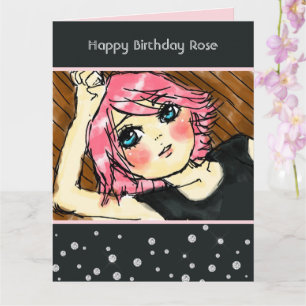 Carte Anniversaire Fille Cheveux Roses Faux Diamants Pai