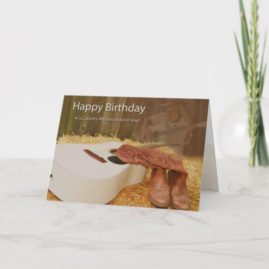 Carte Anniversaire, Fille de campagne, Guitare, Bottes o (Devant)