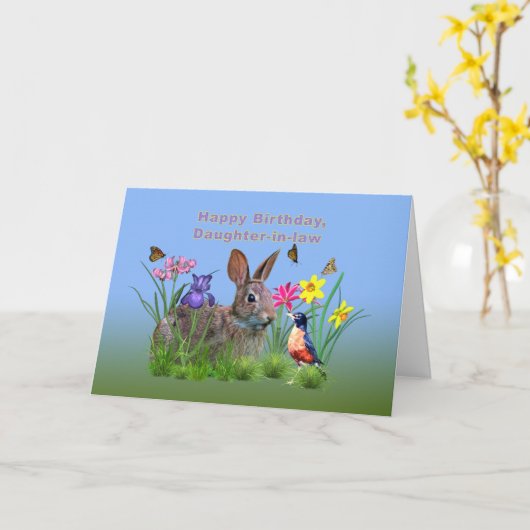 Carte Anniversaire, Fille en l, Lapin, Papillons, Robin (Fleur jaune)