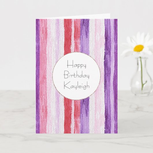 Carte Anniversaire Fille Rose Pâle Violet Rouge Rayures (Petite plante)