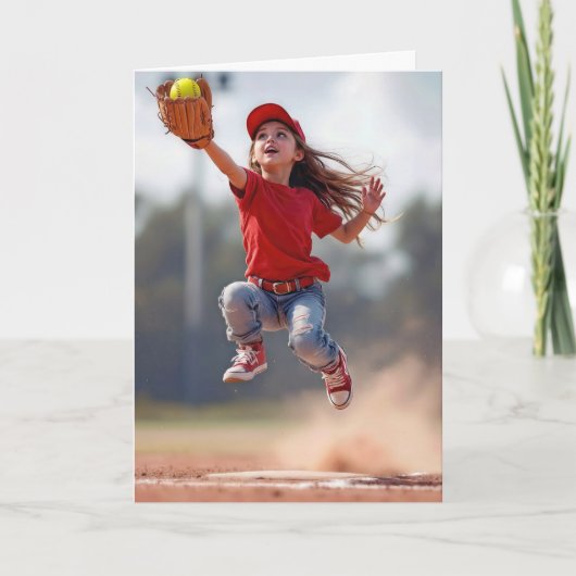 Carte Anniversaire Fille Saut à attraper un softball (Devant)