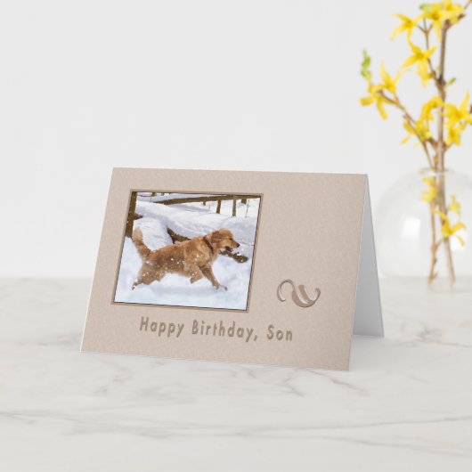 Carte Anniversaire, Fils, Golden Retriever Chien en Neig (Fleur jaune)