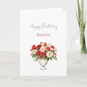 Carte Anniversaire Fleurie Rouge Crème Blanche