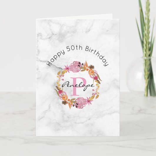 Carte Anniversaire floral assez rose de monogramme de (Devant)