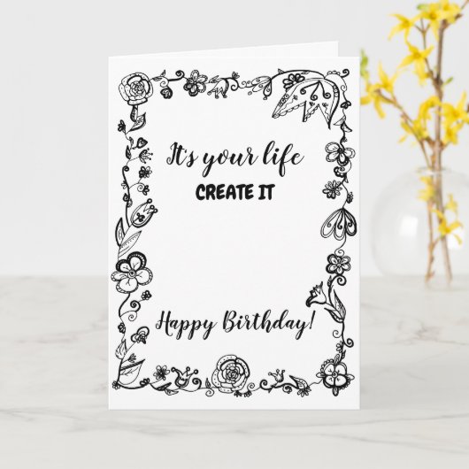 Carte Anniversaire floral monochrome blanc noir de (Fleur jaune)