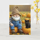 Carte Anniversaire Gnome et Kitten noir sur Citrouille (Fleur jaune)