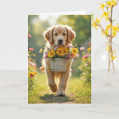 Carte Anniversaire Golden Retriever Avec Panier à fleurs (Fleur jaune)