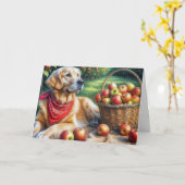 Carte Anniversaire Golden Retriever dans un Apple Orchar (Fleur jaune)