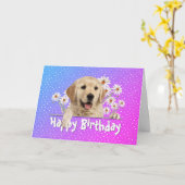 Carte Anniversaire Golden Retriever en Pois (Fleur jaune)