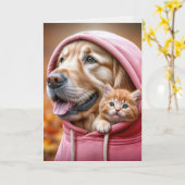 Carte Anniversaire Golden Retriever et Kitten dans un Sw (Fleur jaune)