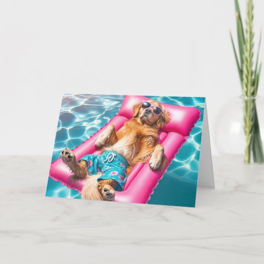 Carte Anniversaire Golden Retriever Pool Matelas (Devant)