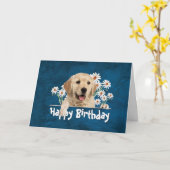 Carte Anniversaire Golden Retriever sur Blue Leather (Fleur jaune)
