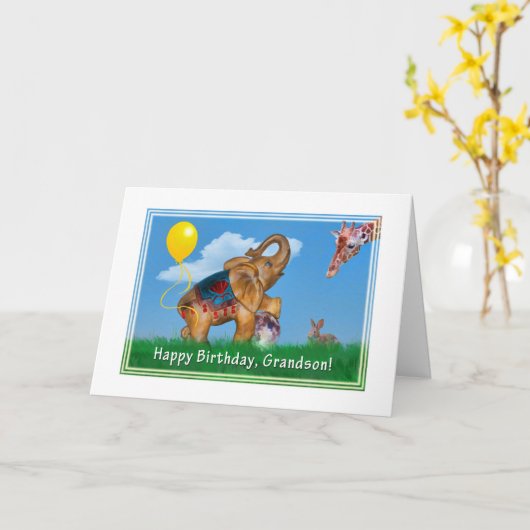 Carte Anniversaire, Grand-fils, Eléphant, Giraffe (Fleur jaune)