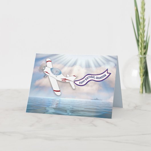 Carte Anniversaire Grand-Fils Pilote Avion Volant Au-Des (Devant)