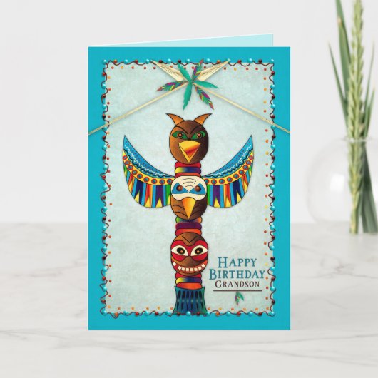 Carte Anniversaire, grand-fils, totem américain, (Devant)