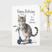 Carte Anniversaire Grandson Fun Cute Cat sur Kick Scoote (Fleur jaune)