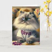 Carte Anniversaire Himalayan Diva Chat sur une chaise (Fleur jaune)