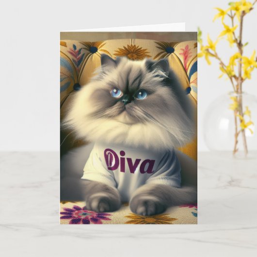 Carte Anniversaire Himalayan Diva Chat sur une chaise (Fleur jaune)