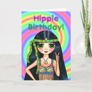 Carte Anniversaire hippie ! Fille hippie psychédélique