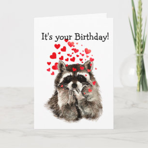 Carte Anniversaire Humour mignon Raccoon Coeurs d'amour