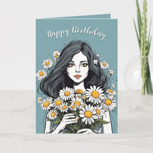 Carte Anniversaire Jolie Dame Avec Daisy Bouquet (Devant)