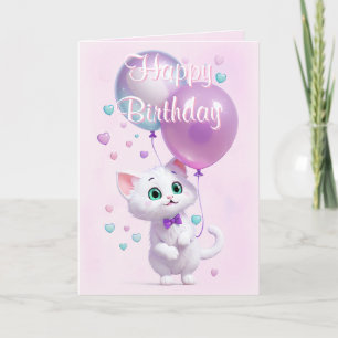 Carte Anniversaire Kitty Rose Blanc avec Ballons