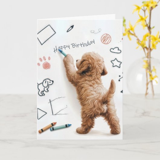 Carte Anniversaire Labradoodle Doodle Avec Crayons (Fleur jaune)